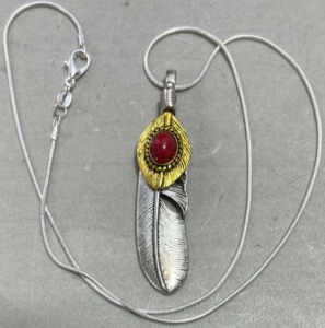 (1) Tibetan Silver Feather W/ Red Turquoise Inset W/ Silver Necklace .925