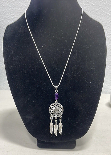 (1) Tibetan Silver Feathered Dreamcatcher W/ Silver Necklace .925
