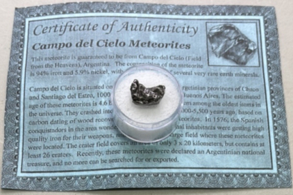 (1) Meteorite-Space Rock 3.19g Campo Del Cielo, Argentina W/ COA