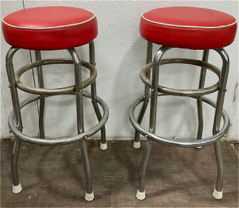 (3) Metal And Red Leather 60s Style Bar Stools