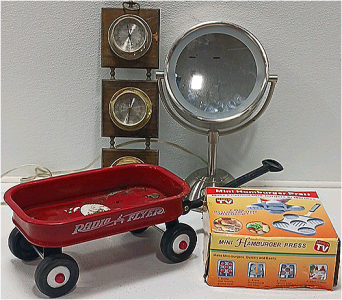 Mini Hambuger Press, Doll Size Radio Flyer, Lighted Mirror, And Barometer