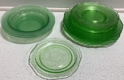 (6) Green Glass Plates, (1) Ex-Small Green Glass Plate and (4) Matching Small Plates, (2) Pale Green Glass Bowls