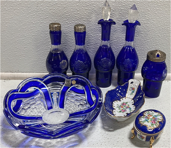 (5) Matching Blue Glass Service Bottles, Blue and Clear Crystal Bowl, (2) Blue and White Ceramic Decor