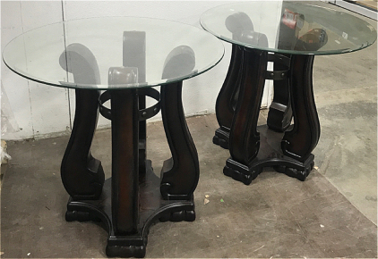 (2) Dark Wood Round Glass Top End Tables