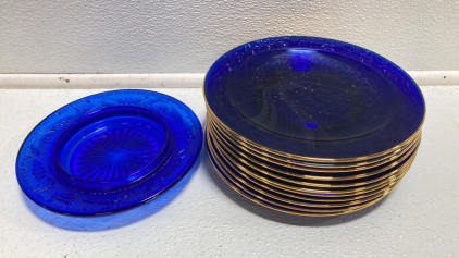 Blue Glass: (11) Plates w/ Gold Rim, Candle Holder