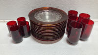 (13) Red Glass Plates, (5) Drinking Glasses, (4) Small Drinking Glasses
