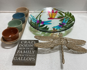 Dragonfly Decorative Bowl, Metal Dragonfly, Ceramic Serving Tray and Dishes, Wood Decor Sign