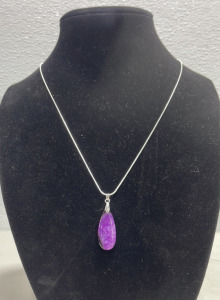 (1) Purple Geode Teardrop Gemstone W/ Silver Necklace .925