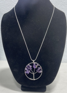 (1) Amethyst Gemstone “Tree Of Life” W/ Silver Necklace .925