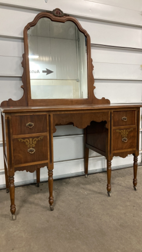 Vintage Wheeled Wood Vanity Desk and Mirror