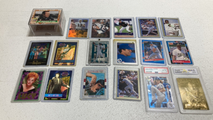 (8) Baseball Cards in Sleeves, (4) Football Cards in Sleeves, (1) Olympic Swimming Card in Sleeve, (2) Elvis Cards in Sleeves, (1) Beatles Card in Sleeve, (1) Lucille Ball Card in Sleeve, Desert Storm Cards in Case