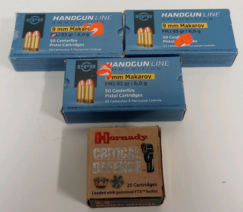 (3) Boxes Of (50) PPU 9mm Makarov Ammunition (1) Box Of (25)Hornady Critical Defense 9x18 MAK Ammunition