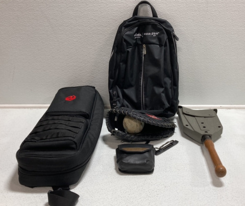 Alaska Airlines Backpack, Ruger Gun Carrying Case, Shovel w/ Case, Binoculars, Rawlings Baseball Mitt and Baseball