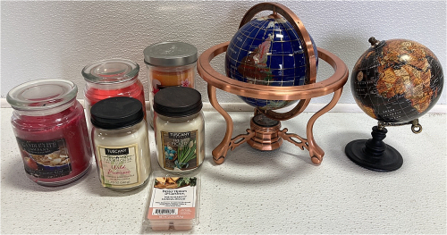 (2) Table Top Globes, (5) Candles, (1) Wax Melts