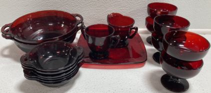 Red Glass, (2) Medium Bowls, (6) Small Bowls, (1) Square Plate, (6) Dessert Glasses, Sugar Dish and Creamer