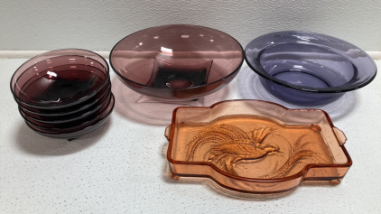 (1) Dark Rose Glass Bowl w/ (5) Matching Small Bowls, (1) Purple Glass Bowl, (1) Orange Glass Decorative Tray