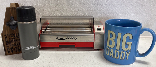 Candery Hot Dog Roller, “Big Daddy” Novetly Mug, Thermos, Beer Caddy