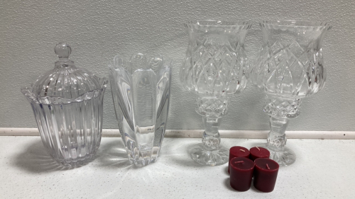 Glass Vessel w/ Lid, Glass Vase, (2) Candle Holders, (4) Red Votive Candles