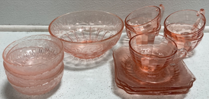 Pink Glass: (1) Serving Bowl, (4) Small Bowls, (4) Saucers, (5) Cups