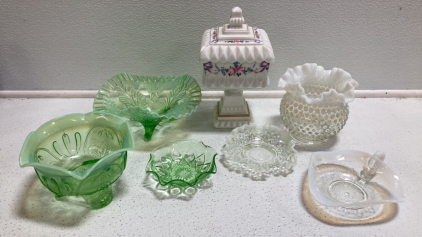 (3) Green Glass Decor, (1) Milk Glass Vessel w/ Lid, (2) Hobnell Glass Decor, (1) White Glass Decor