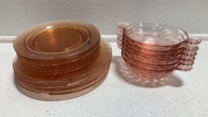 10pc Pink/Orange Glass Plates, (6) Pink Glass Small Bowls