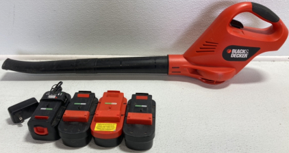 Black and Decker Cordless Blower, (4) 18v Batteries, (1) Charger