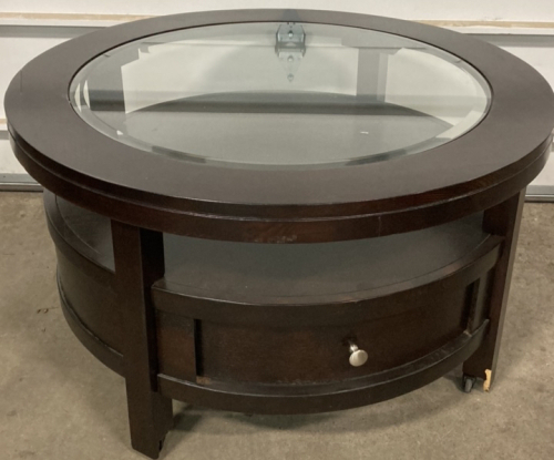 Wood Round Coffee Table - Glass Top - 2 Drawers - Wheels