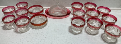 17pc Red Rim Glass Dishware