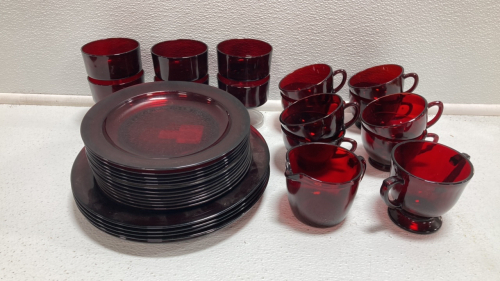 Red Glass: (4) Dinner Plates, (12) Small Plates, (6) Mini Trifle Dishes, (8) Punch Cups, Creamer, Sugar Dish