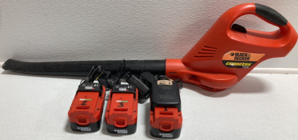 Black and Decker Cordless Blower, (3) 18v Batteries, (3) Chargers