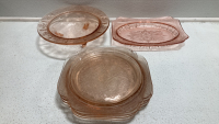 Pink Glass: (4) Plates, (1) Decorative Bowl, (1) Decorative Tray