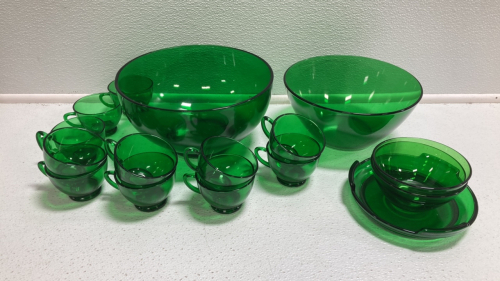 Green Glass: (1) Large Bowl, (1) Medium Bowl, (2) Small Bowls, (11) Punch Cups