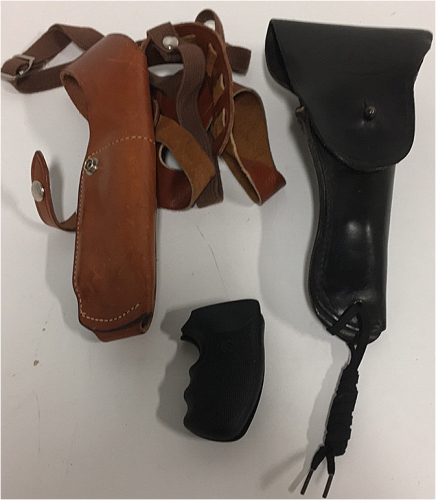 (1) Bianchi UnderArm Leather Gun Holster (1) Nordac Black Leather Holster (1) Charter Arms Unknown Gun Grips