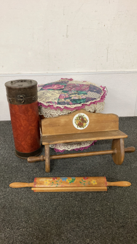 Vintage Basket, Wine Bottle Holder And (2) Paper Towel Holders