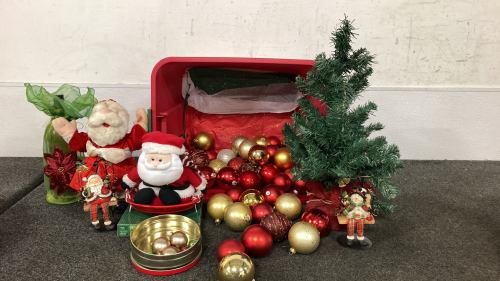 Tote Of Christmas Decor: Sleddin’ Santa, Tree, Ornaments And More