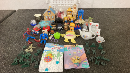Basket Of Vintage Childrens Toys. Includes: Army Men, Spider Man, Superman And More