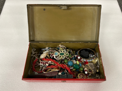 Tin Box With Collectibles Including: Jewelry, Pins, Watches