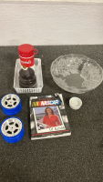 Crystal Fruit Bowl, NASCAR Book, Small Toy Rims, and More