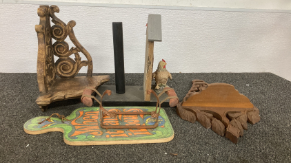 Morton Salt Cutting Board, Paper Towel Holder, Hanging Wooden Shelves, and Vintage Corning Ware Wheat