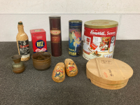 Vintage Tins, Wooden Clogs, Metal Pot, And More