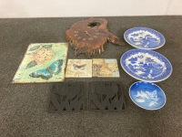 Wooden Clock, Wall Art, Fine China Plates, And More