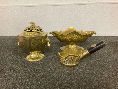 Antique Incense Burner, Vintage Chinese Ancient Design Brass&Wood, And Vintage Brass Bowl