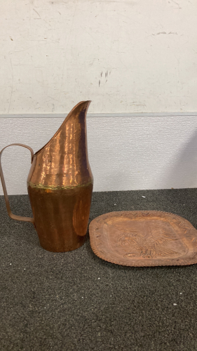 Large Copper Pitcher, and Decorative Copper Plate