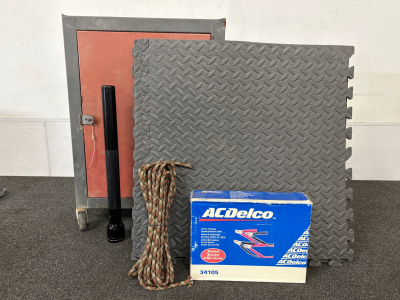 Ac Delco Booster Cables, Rope, MagLite Flashlight and Rolling Metal Cabinet and (6) 24&rdquo;x24&rdquo; Foam Pads