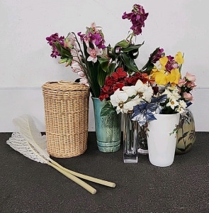 Lot Of Faux Flowers & Vases/Baskets