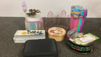 Acrylic Box of Beads, Sewing Items, Bag of Colered Pens, and More