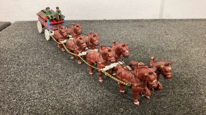 Vintage Cast Iron Budweiser Horse Team With Carriage And Beer Barrels