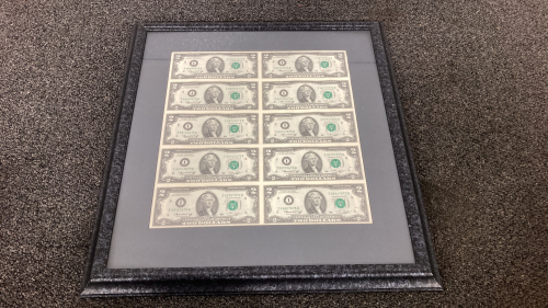 Framed Uncut $2 Bank Notes