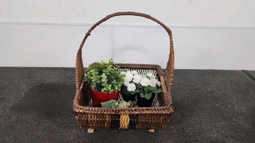 Wicker Basket, Three Faux Flowers w/ Pots, Faux Grapes