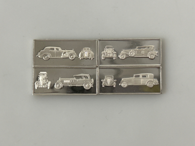 (4) Classic Car Museum Silver Miniature Collection .925 Sterling Silver Bars